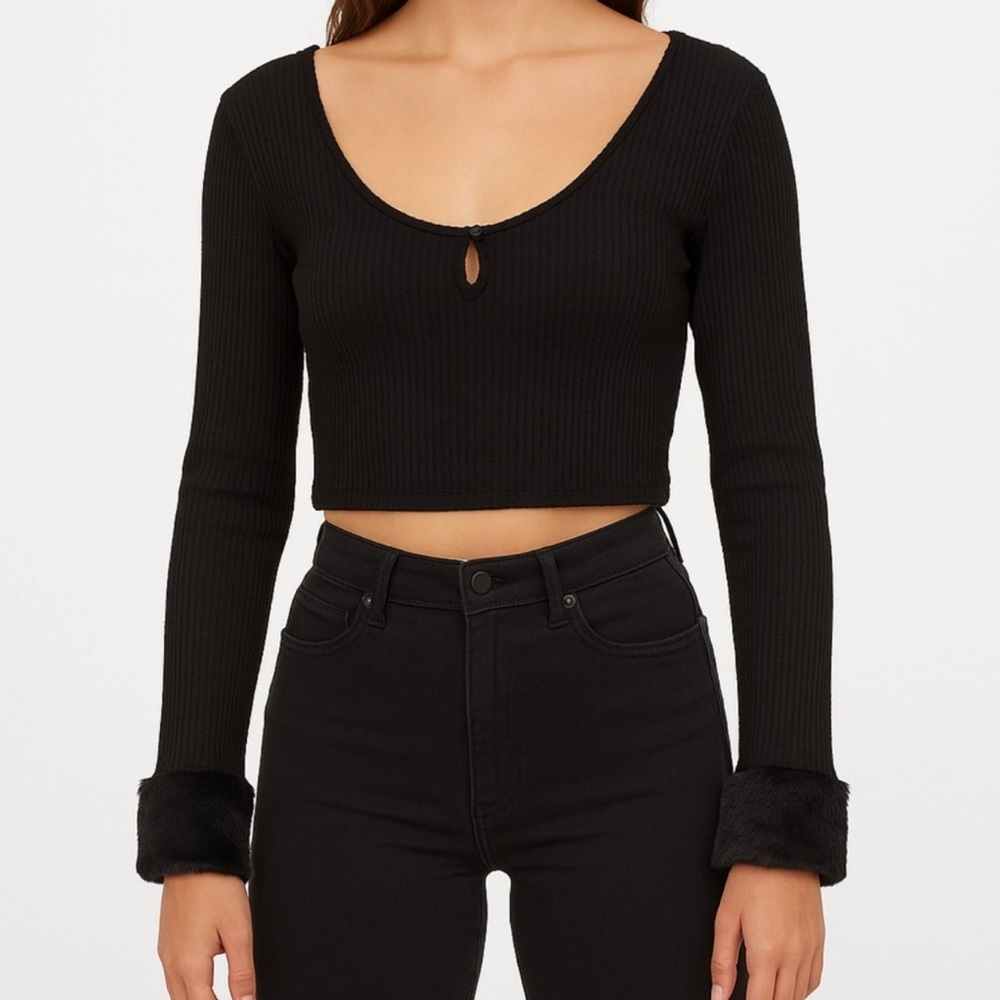 H&M Black Ribbed Bodysuit with Faux Fur Cuffs